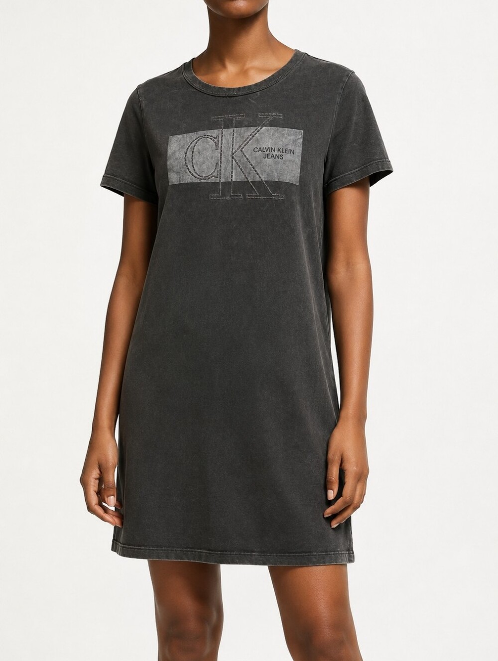 Calvin Klein Jeans Washed Charcoal Gray Embroidered Logo T Shirt Dress Size L